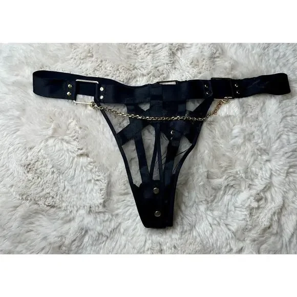 Honey Birdette INDRIA🖤 Black & Gold FULL 3 Piece Set 32H, L Garter, M Thong
